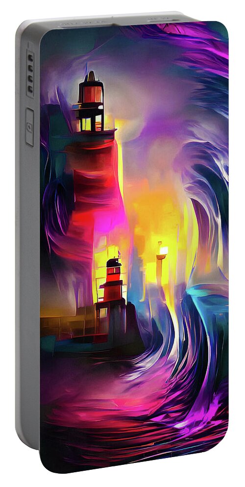 Lighthouse Portable Battery Charger featuring the digital art Lighthouse 02 Huge Waves by Matthias Hauser