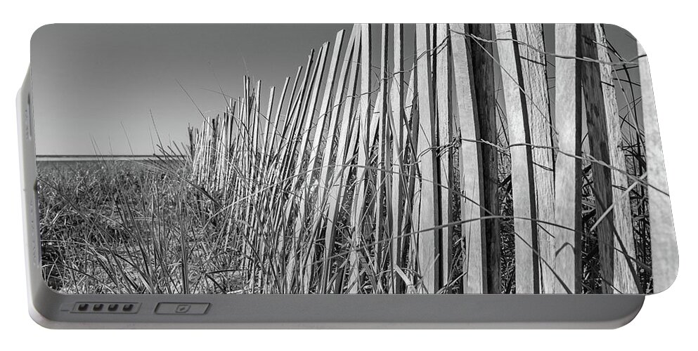 Lighthouse Beach Portable Battery Charger featuring the photograph Lighthouse Beach Fence in Black and White by Marisa Geraghty Photography