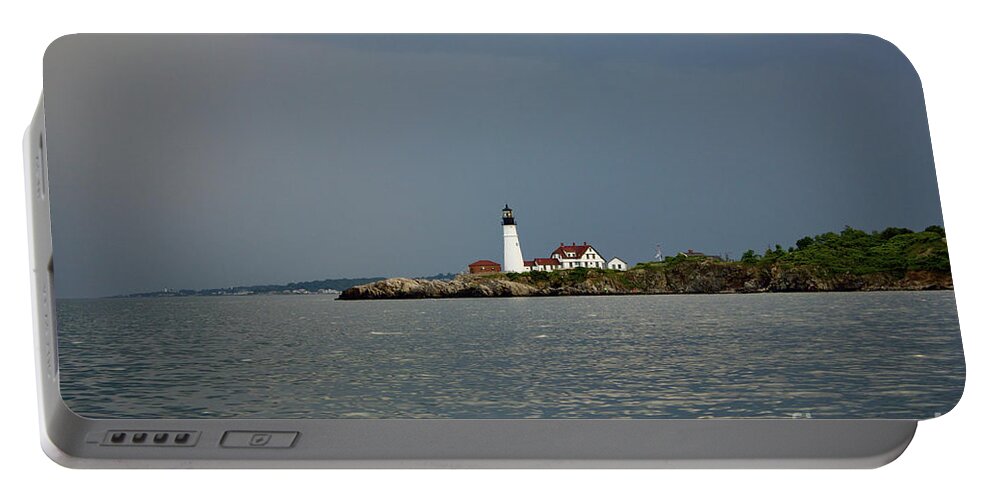 Portland Headlight Portable Battery Charger featuring the pyrography Lighthouse before the storm by Annamaria Frost