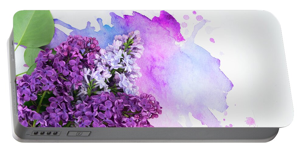 Lilac Portable Battery Charger featuring the photograph Lilac flowers on watercolor by Anastasy Yarmolovich