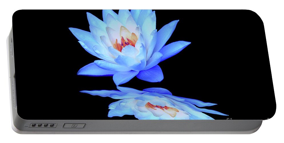 Water Lily; Water Lilies; Lily; Lilies; Flowers; Flower; Floral; Flora; Blue; Blue Water Lily; Blue Flowers; Black; Pink; Digital Art; Photography; Painting; Simple; Decorative; Décor; Macro; Close-up Portable Battery Charger featuring the digital art LIly Blue Reflection by Tina Uihlein