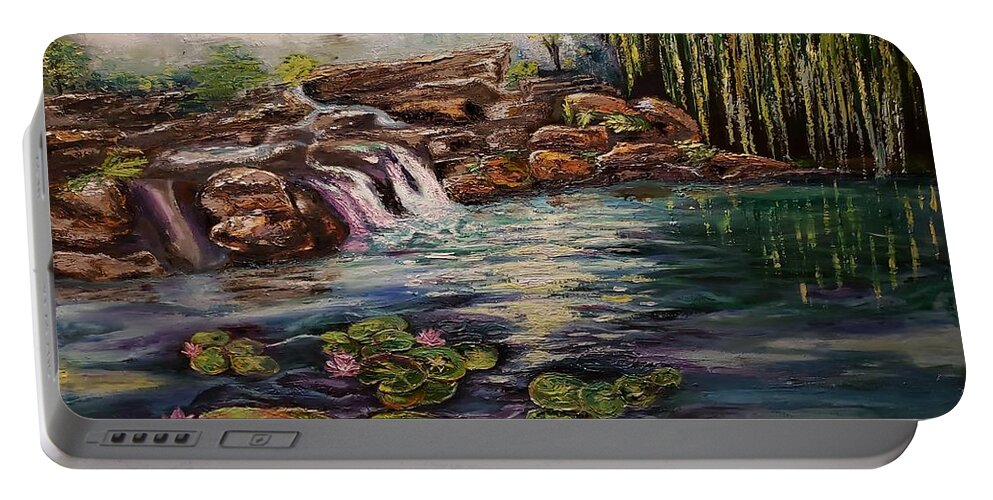 Lily Portable Battery Charger featuring the painting Lily pad pond by Sunel De Lange