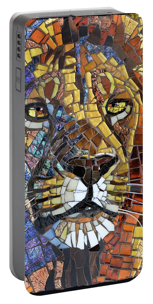 Cynthie Fisher Portable Battery Charger featuring the painting Lion Glass Mosaic by Cynthie Fisher