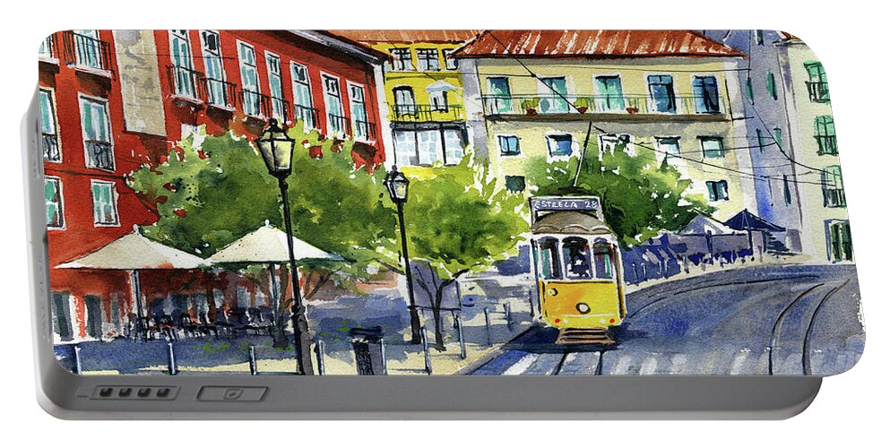 Alfama Portable Battery Charger featuring the painting Lisbon Alfama Portugal Painting by Dora Hathazi Mendes