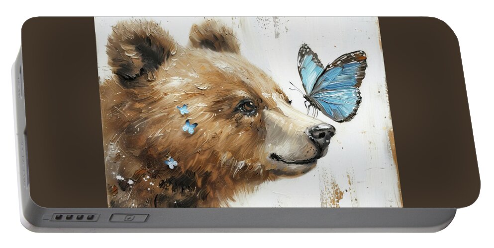 Brown Bear Portable Battery Charger featuring the painting Little Bear And The Butterfly by Tina LeCour