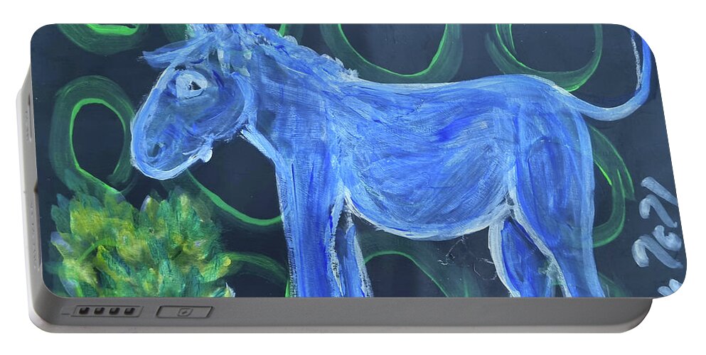 Donkey Portable Battery Charger featuring the painting Little Blue Donkey by Mimulux Patricia No