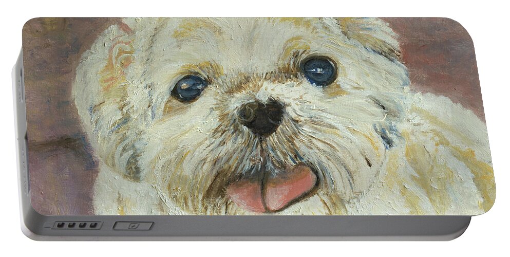 Pet Portrait In Oils For A Client To Show Off His Sweet Face And Smile Portable Battery Charger featuring the painting Little Dudley by Kathy Knopp