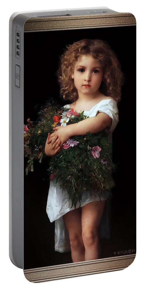 Little Girl With Flowers Portable Battery Charger featuring the painting Little Girl With Flowers by William-Adolphe Bouguereau by Rolando Burbon