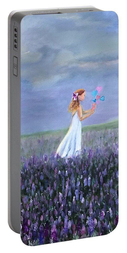 Girl Portable Battery Charger featuring the painting Little Girls, Hearts and Flowers by Deborah Naves