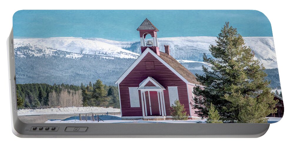 Colorado Portable Battery Charger featuring the photograph Little Schoolhouse in the Shadow of the Rockies by Marcy Wielfaert