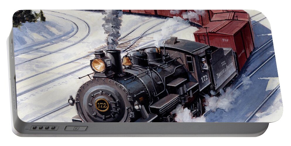 J Craig Thorpe Portable Battery Charger featuring the painting Locomotives - Maine's Bangor And Aroostook Railroad 2-8-0 Type Engine Number 172 by J Craig Thorpe