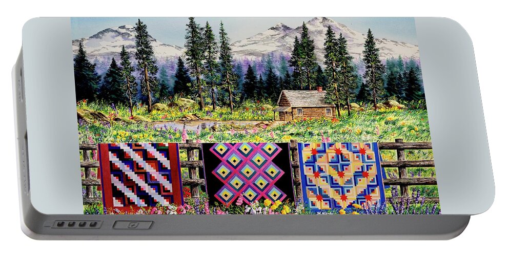 Mountains Portable Battery Charger featuring the painting Log Cabin Quilts by Diane Phalen