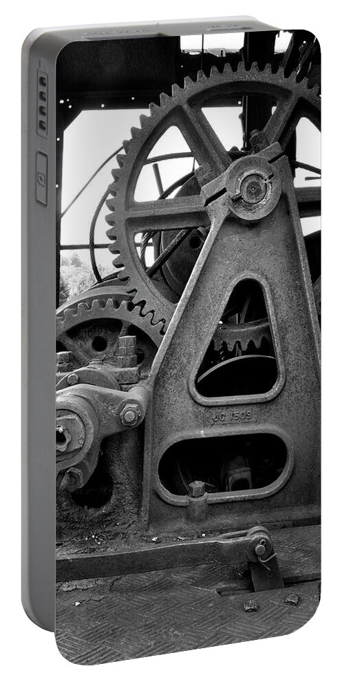 Logging; Machinery; Gears; Railroad; Train; Heavy; Black & White; Monochrome Portable Battery Charger featuring the photograph Log Loading Equipment by George Taylor