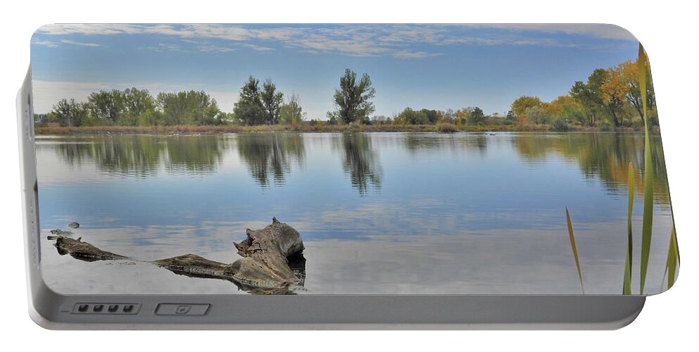Fall Portable Battery Charger featuring the photograph Log Through A Cloudy Reflection by Amanda R Wright