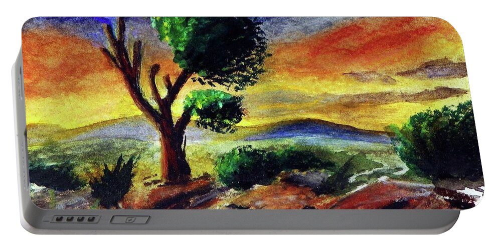Sherril Porter Portable Battery Charger featuring the painting Lone Tree at Sunset by Sherril Porter