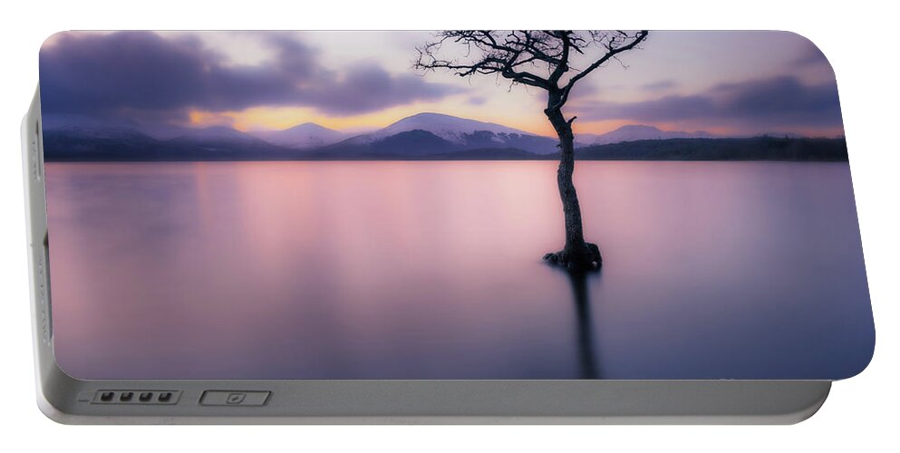 Loch Lomond Portable Battery Charger featuring the photograph Lone tree dusk at Milarrochy Bay, Loch Lomond, Scotland by Neale And Judith Clark