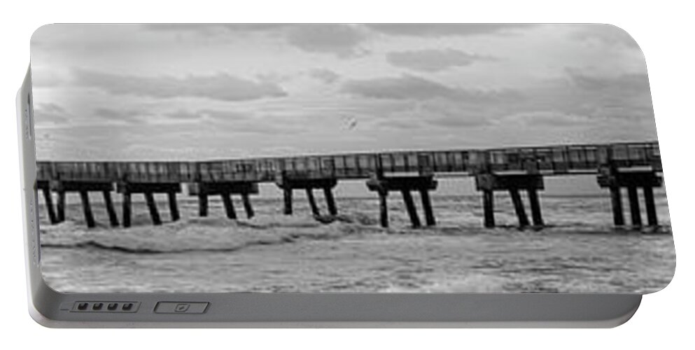 Pier Portable Battery Charger featuring the photograph Long Fishing Pier at Dawn Black and White by Debra and Dave Vanderlaan
