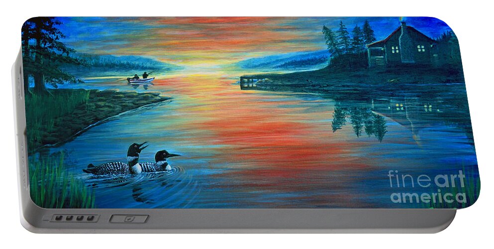 Loon Portable Battery Charger featuring the painting Loon Calling Lake Sunset by Pat Davidson