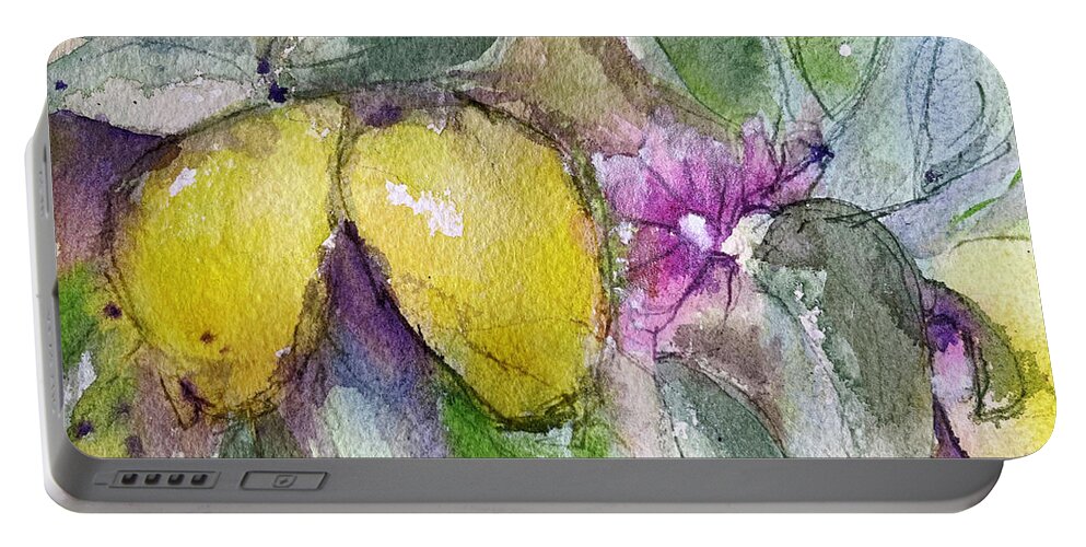 Lemons Portable Battery Charger featuring the painting Loose Lemons by Roxy Rich