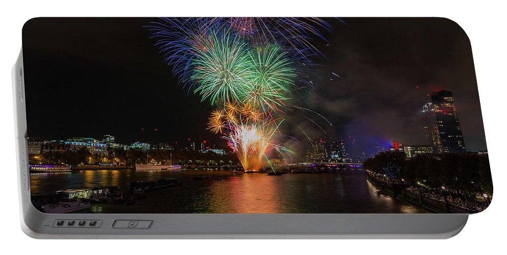 Thames Portable Battery Charger featuring the photograph Lord Mayor firework show in London by Andrew Lalchan