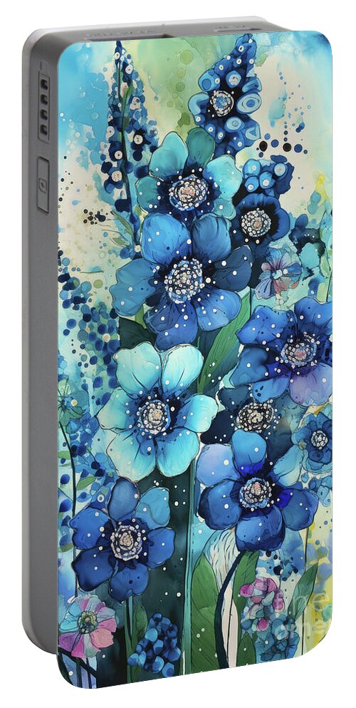 Blue Delphiniums Portable Battery Charger featuring the painting Lovely Delphiniums by Tina LeCour