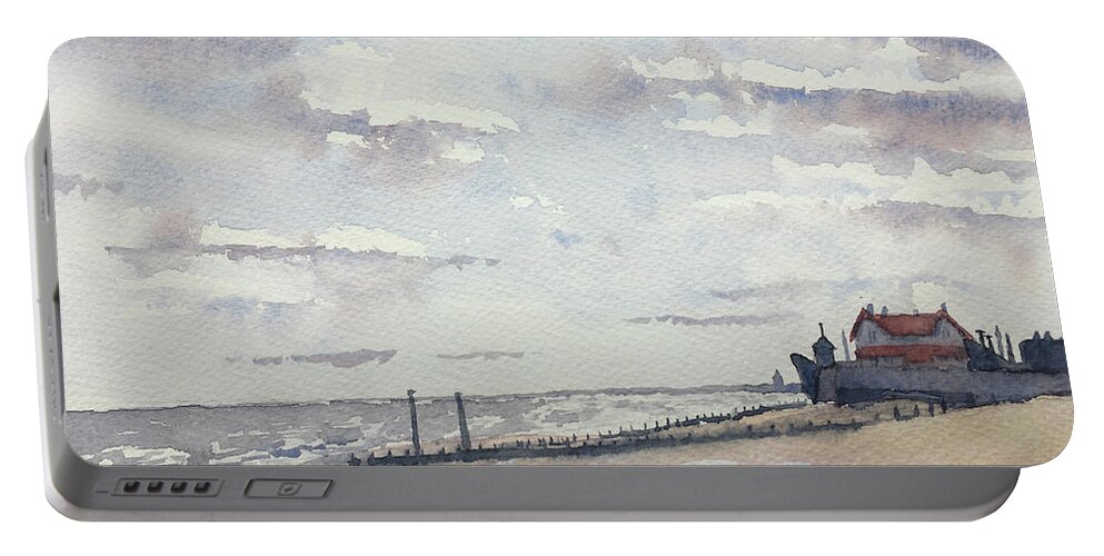 Watercolour Portable Battery Charger featuring the painting Low Tide at Hornsea, early Spring by Glenn Marshall