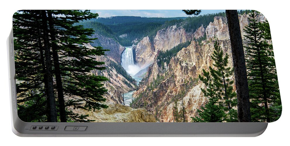 Waterfall Portable Battery Charger featuring the photograph Lower Yellowstone Falls Through the Pines by Rose Guinther