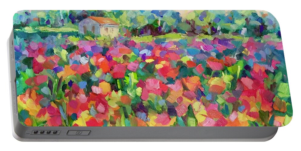 Flowers Fields France Provence Poppies Farmhouse Luberon Valley French Landscape Portable Battery Charger featuring the painting Luberon Valley by Patsy Walton