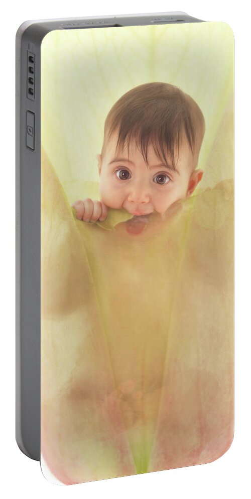 Flower Portable Battery Charger featuring the photograph Luce in Flower Bud by Anne Geddes