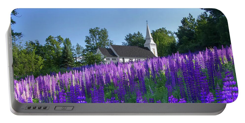 St Portable Battery Charger featuring the photograph Lupine Church Panorama by White Mountain Images