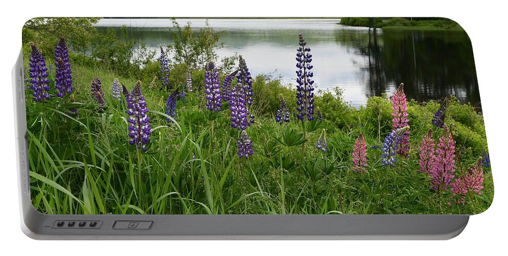 Sugar Hill Portable Battery Charger featuring the photograph Lupines at the Lake by Steve Brown