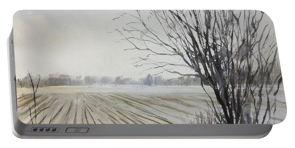 Lynden Farm Portable Battery Charger featuring the painting Lynden farm in winter by Watercolor Meditations