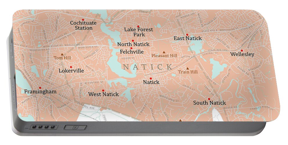 Massachusetts Portable Battery Charger featuring the digital art MA Middlesex Natick Vector Road Map by Frank Ramspott