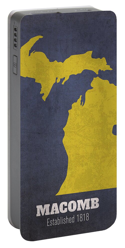 Macomb Portable Battery Charger featuring the mixed media Macomb Michigan City Map Founded 1818 University of Michigan Color Palette by Design Turnpike