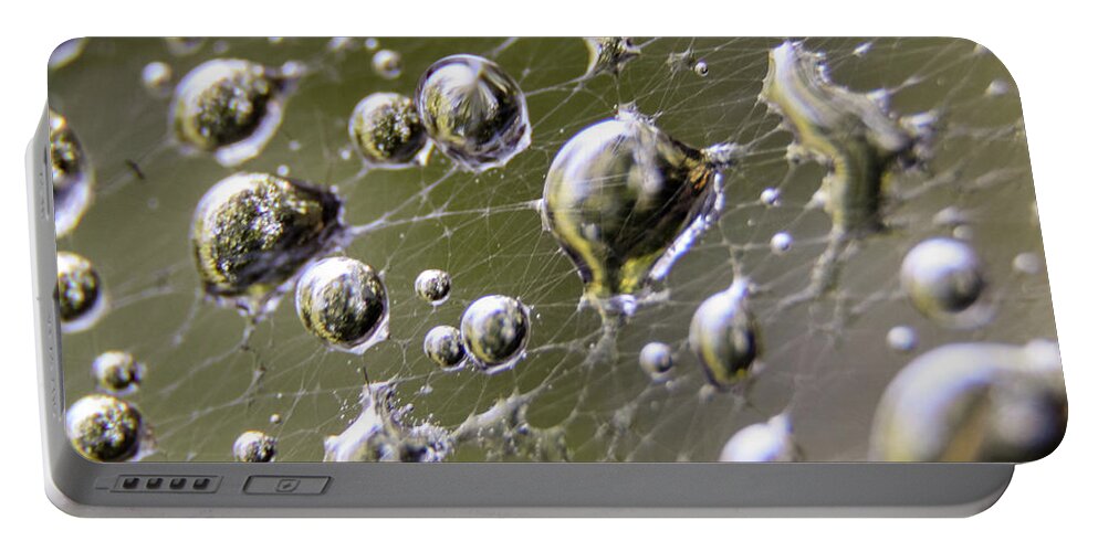 Spider Portable Battery Charger featuring the photograph Macro Photography - Spiderweb Dewdrops by Amelia Pearn