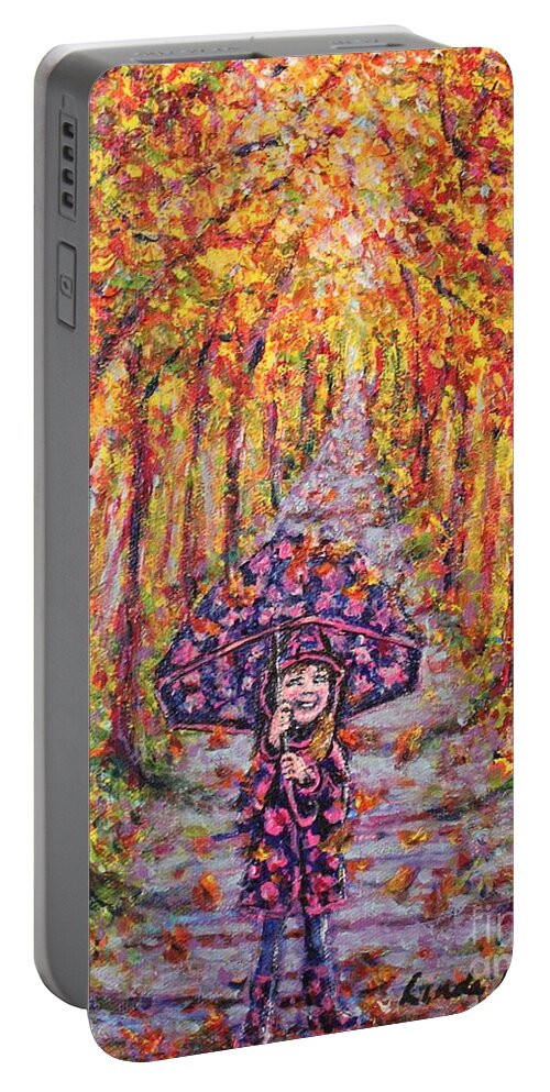 Leaves Portable Battery Charger featuring the painting Madalyn's Fall Walk by Linda Donlin