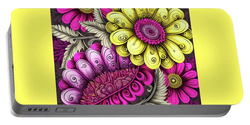 Daisy Flowers Portable Battery Charger featuring the painting Magenta Lemon Daisies by Tina LeCour