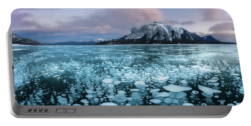 Abraham Portable Battery Charger featuring the photograph Magic Frozen Bubbles Sunset by Alex Mironyuk