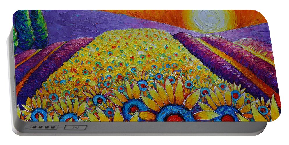 Provence Portable Battery Charger featuring the painting MAGIC OF PROVENCE SUNFLOWERS AND LAVENDER FIELDS landscape commissioned painting Ana Maria Edulescu by Ana Maria Edulescu