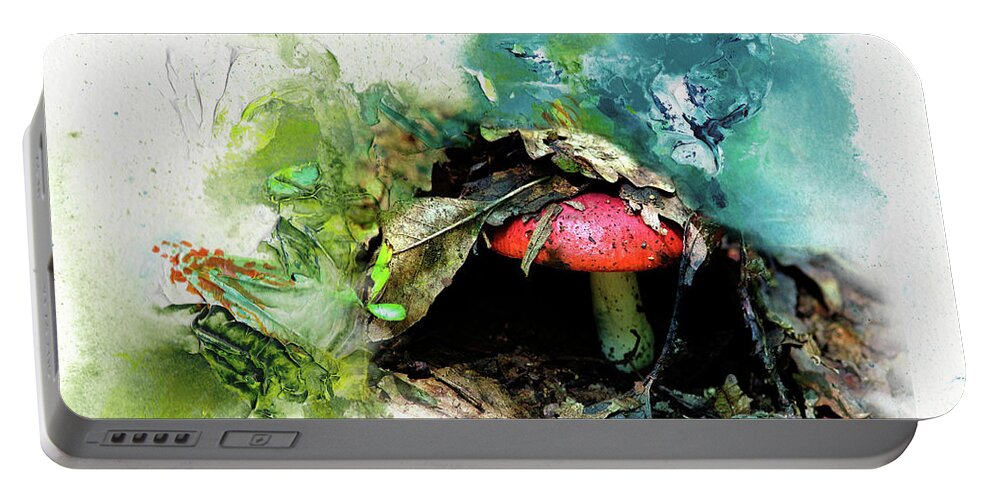 Digital Portable Battery Charger featuring the digital art Magic red with blue Mushroom by Deb Nakano
