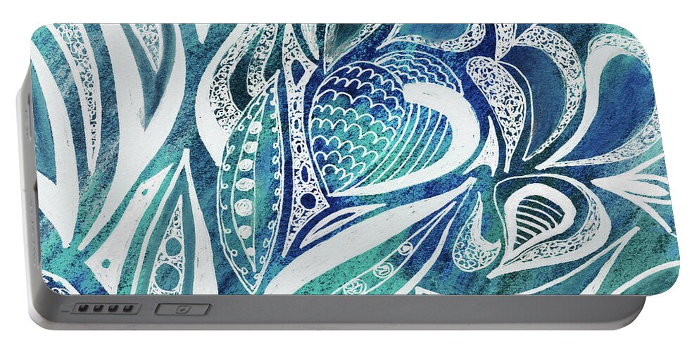 Floral Pattern Portable Battery Charger featuring the painting Magical Floral Leaves Berries Seeds Pattern Cool Teal Blue Design III by Irina Sztukowski