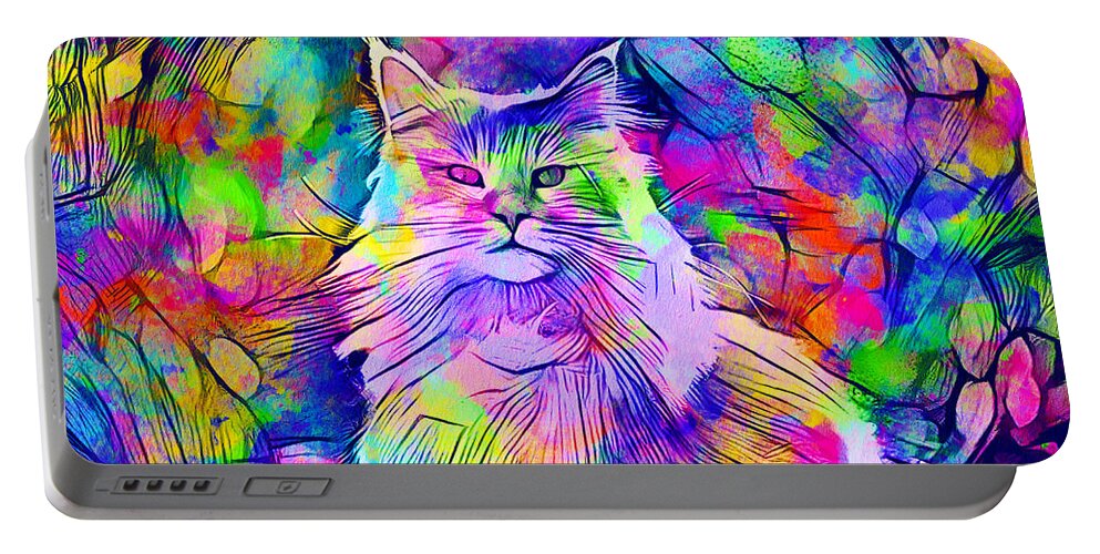 Maine Coon Portable Battery Charger featuring the digital art Maine Coon cat looking at camera - colorful lines digital painting by Nicko Prints