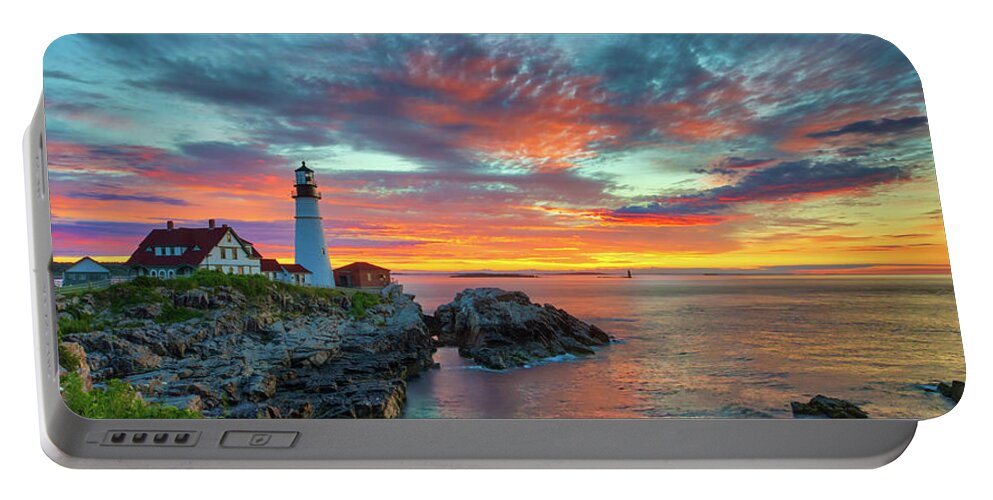 Portland Head Light Portable Battery Charger featuring the photograph Maine sunrise at the Portland Head Light by Juergen Roth
