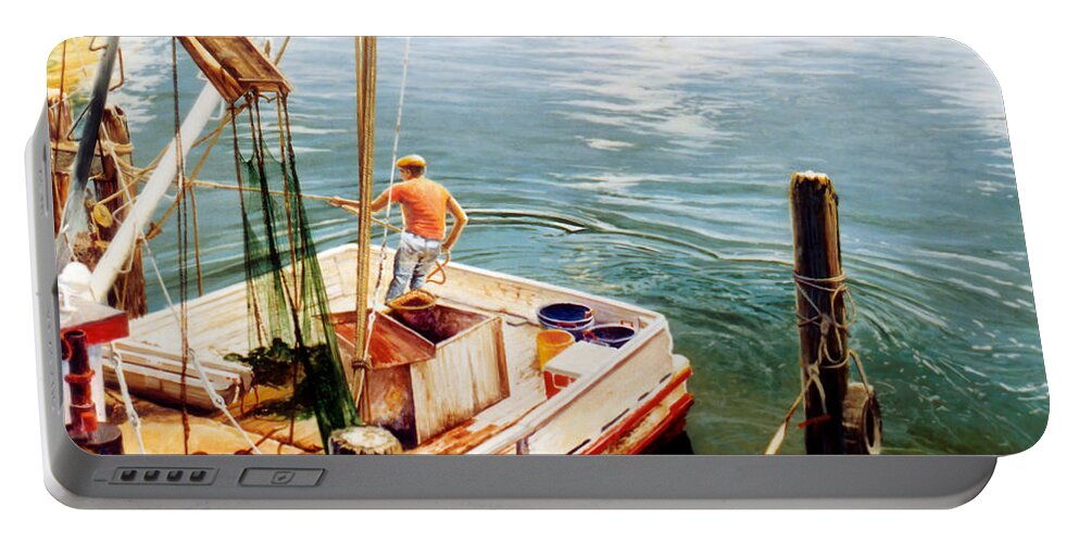 Fishing Portable Battery Charger featuring the painting Making Ready by Randy Welborn
