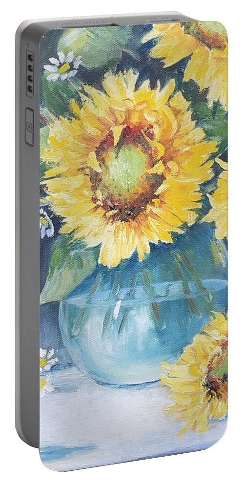 Sunflowers Autumn Coffee Harvest Portable Battery Charger featuring the painting Mama's Cup with Sunflowers by ML McCormick
