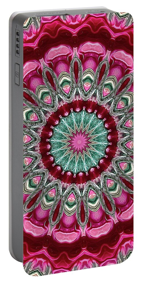 Kaleidoscope Portable Battery Charger featuring the digital art Mandala Kaleidoscope Art magenta cyan by Matthias Hauser