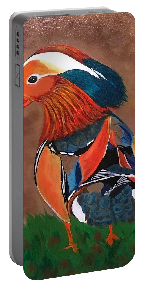  Portable Battery Charger featuring the painting Mandarin Duck-Fowl Play by Bill Manson