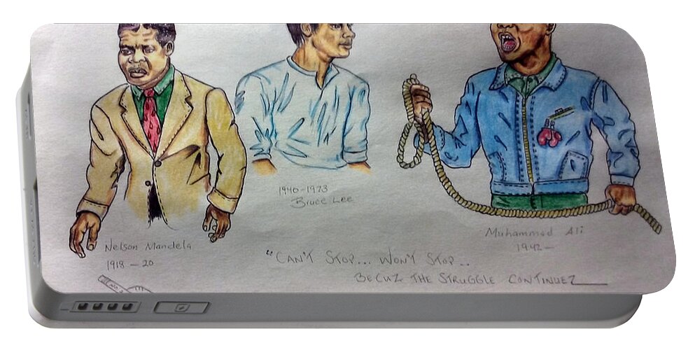 Black Art Portable Battery Charger featuring the drawing Mandela, Bruce, and Ali by Joedee