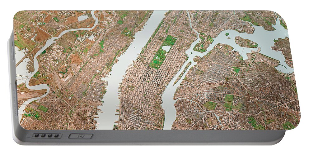 Manhattan Portable Battery Charger featuring the digital art Manhattan New York 3D Render Map Color Top View Apr 2019 by Frank Ramspott
