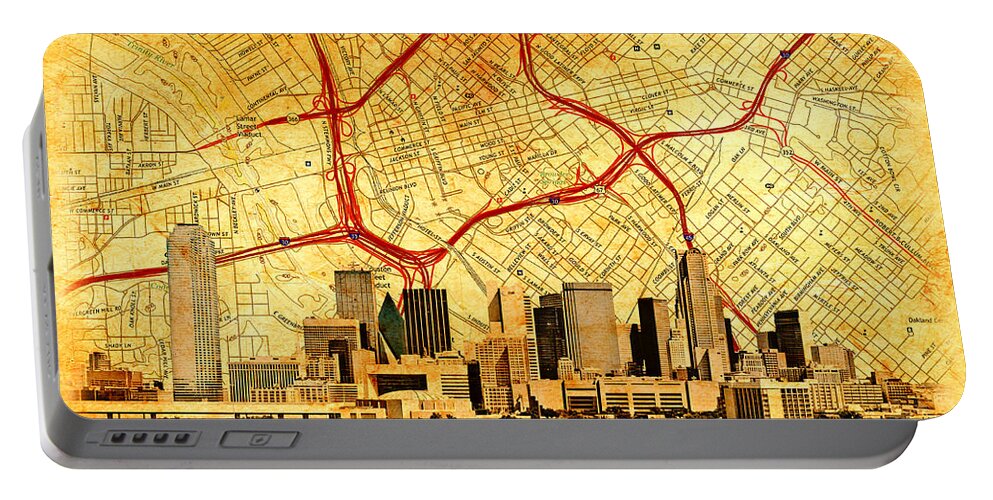 Dallas Portable Battery Charger featuring the digital art Map of Downtown Dallas with the skyline of the city blended on old paper by Nicko Prints